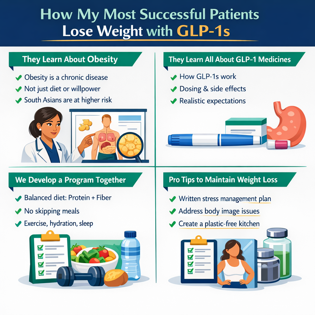 Infographic showing how the most successful patients lose weight with GLP-1s: learn about obesity, learn about GLP-1 medicines, develop a program together, and pro tips to maintain weight loss.