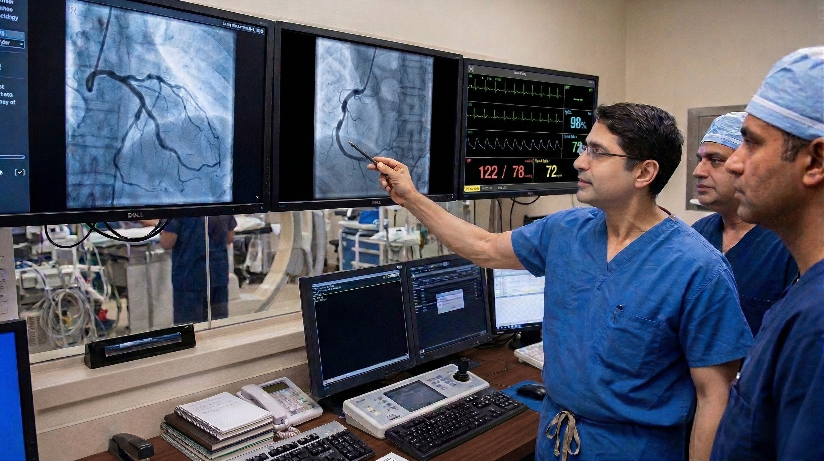A cardiologist reviewing a patient's angiogram to determine if a bypass surgery is the best option for them.