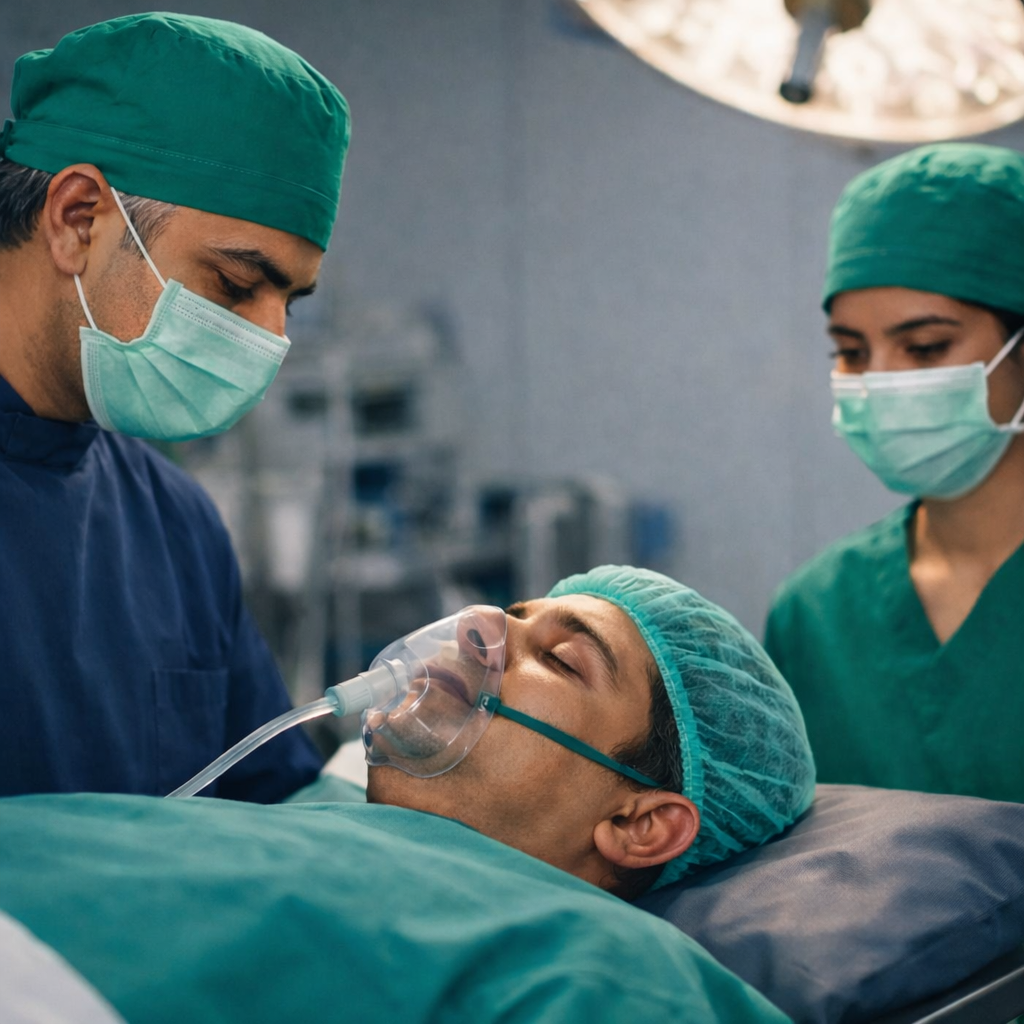A patient in the operating theatre getting ready for bypass surgery, surrounded by a cardiac surgeon and anesthesiologist.