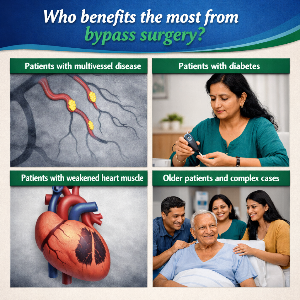 Patients who benefit the most from bypass surgery have complex blockages, are older, have weakened heart muscle, or have diabetes.