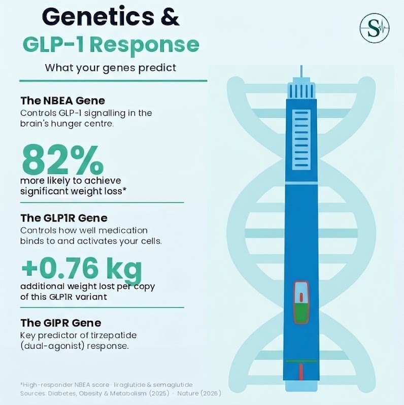 An infographic detailing how specific genes (NBEA, GLP1R, GIPR) predict a person's response to GLP-1 medications and likelihood of weight loss.