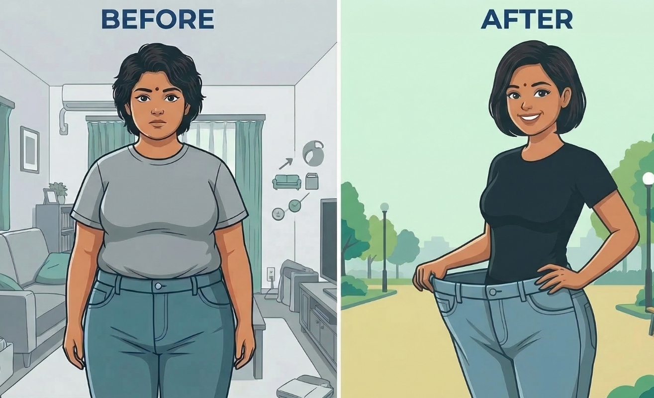 Before and after illustration of a woman's weight loss journey with GLP-1 medications.