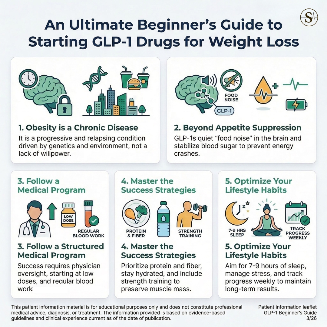 Infographic showing 5 key pillars of starting GLP-1 drugs for weight loss: understanding obesity as a disease, appetite suppression, structured medical program, success strategies, and lifestyle habits.