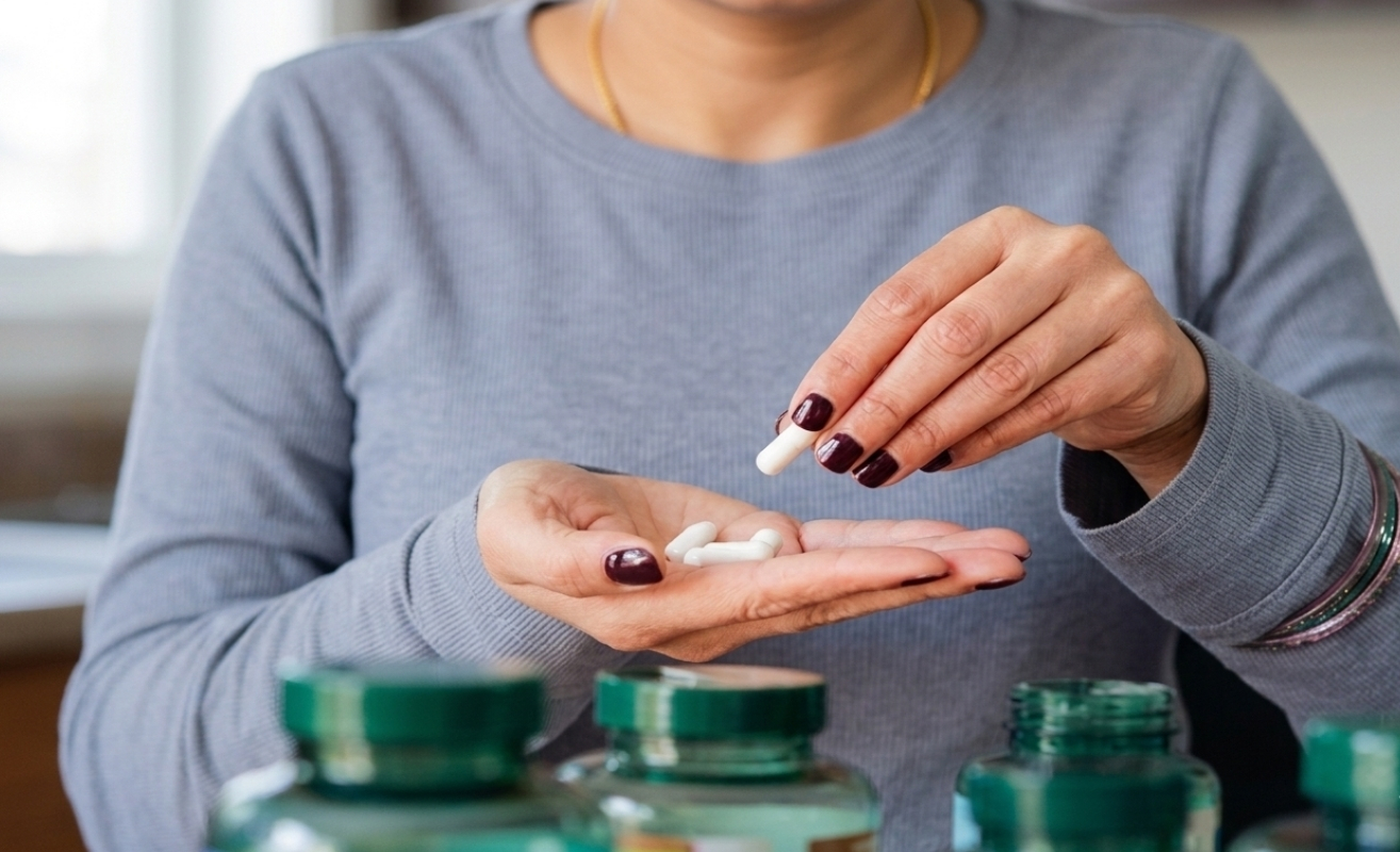 A person holding capsules in her hand with a white powder inside, suggestive of a health supplement.