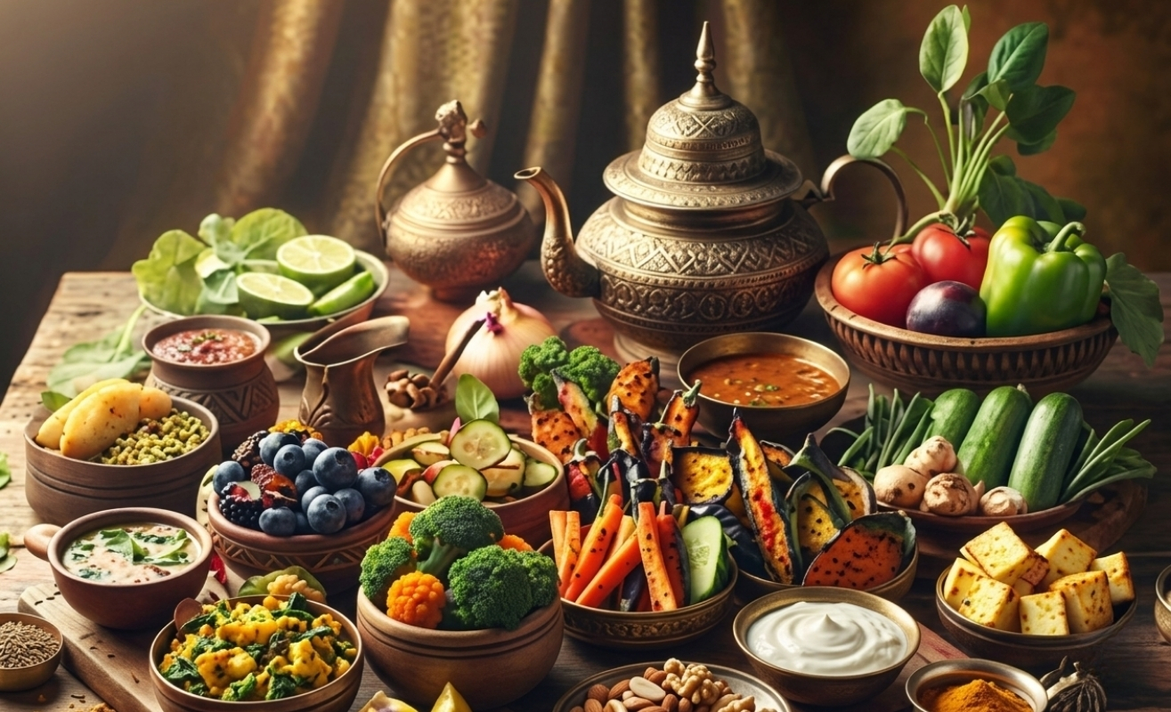 A beautifully arranged Indian spread with fresh vegetables, fruits, grains, and traditional dishes representing a balanced, nutrient-rich diet.
