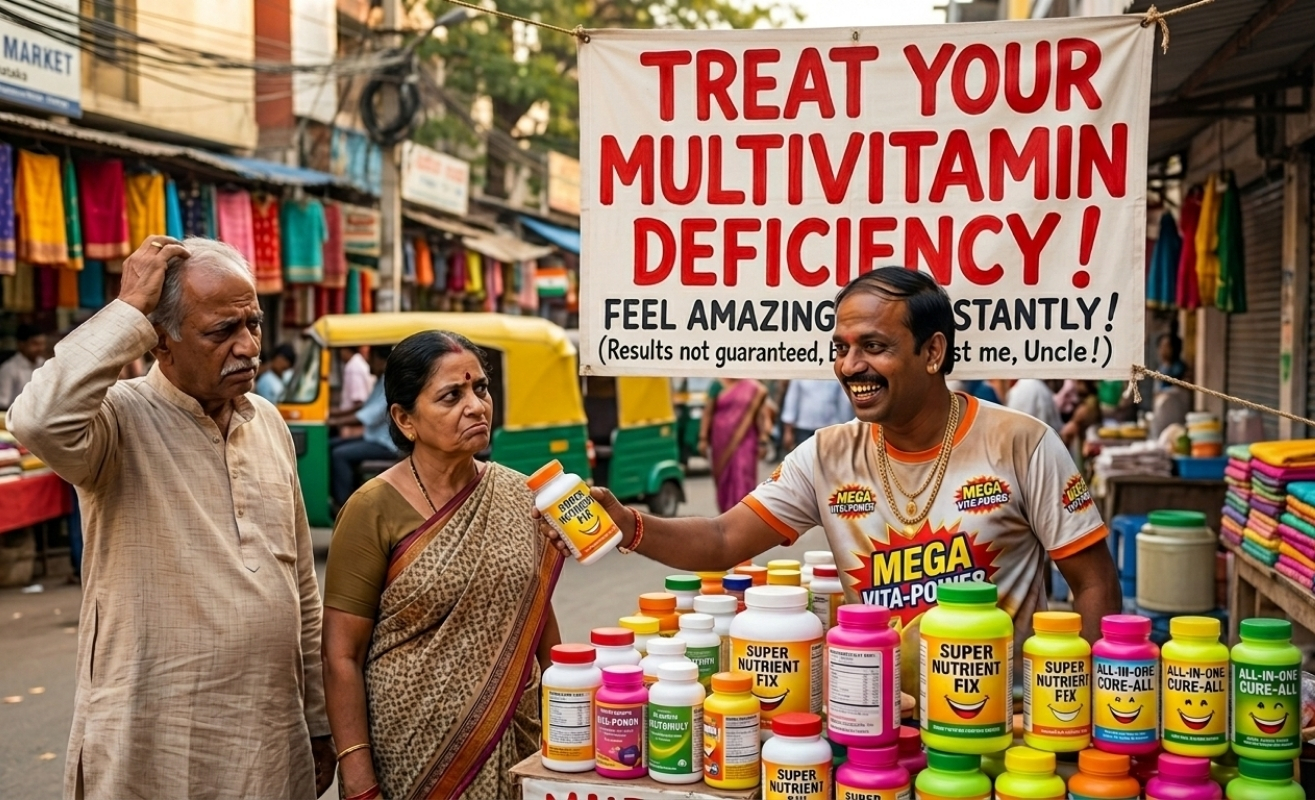Satirical illustration of supplement marketing: A street vendor aggressively promotes various brightly colored 'Super Nutrient Fix' bottles under a sign claiming to treat the non-existent medical condition 'multivitamin deficiency.' An elderly couple watches him with confused and doubtful expressions, illustrating the skepticism often needed when viewing supplement advertisements.