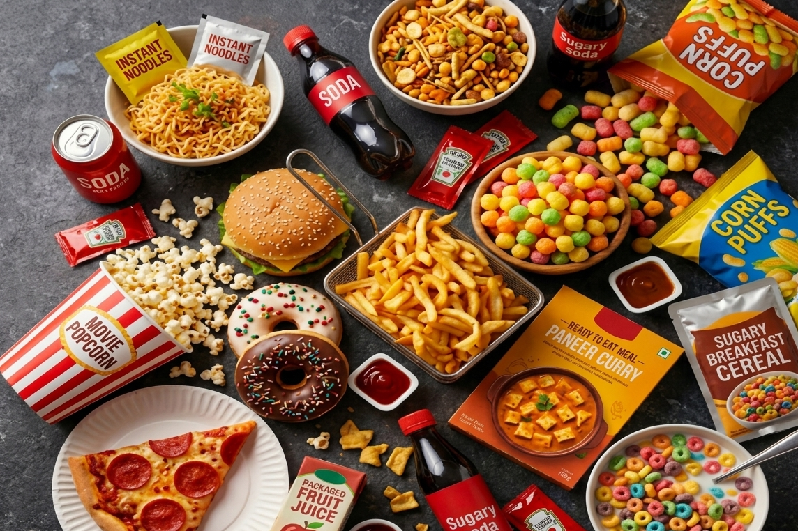 An overhead photograph of a variety of junk and ultra-processed foods, including a burger, fries, pizza, donuts, soda, and various packaged snacks and cereals